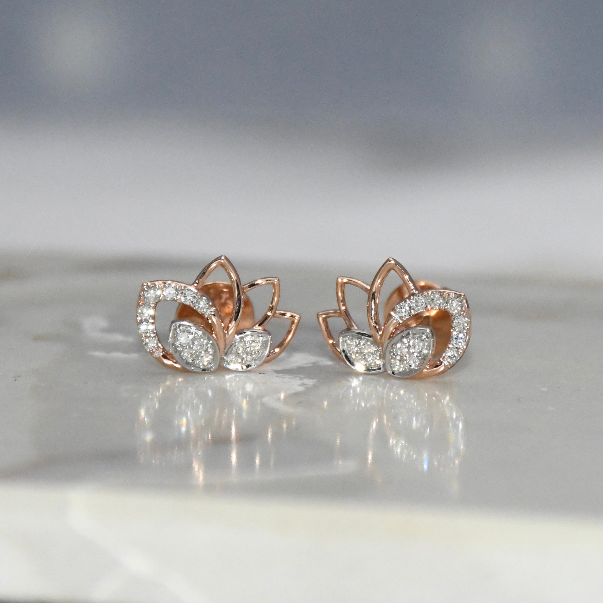 Solid Gold Lotus Diamond Stud Earrings | IGI Certified Floral Rose Gold Fine Jewelry