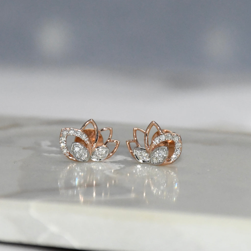 Solid Gold Lotus Diamond Stud Earrings | IGI Certified Floral Rose Gold Fine Jewelry