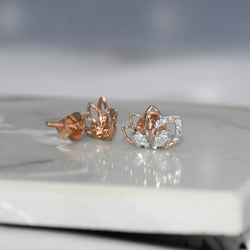 Solid Gold Lotus Diamond Stud Earrings | IGI Certified Floral Rose Gold Fine Jewelry