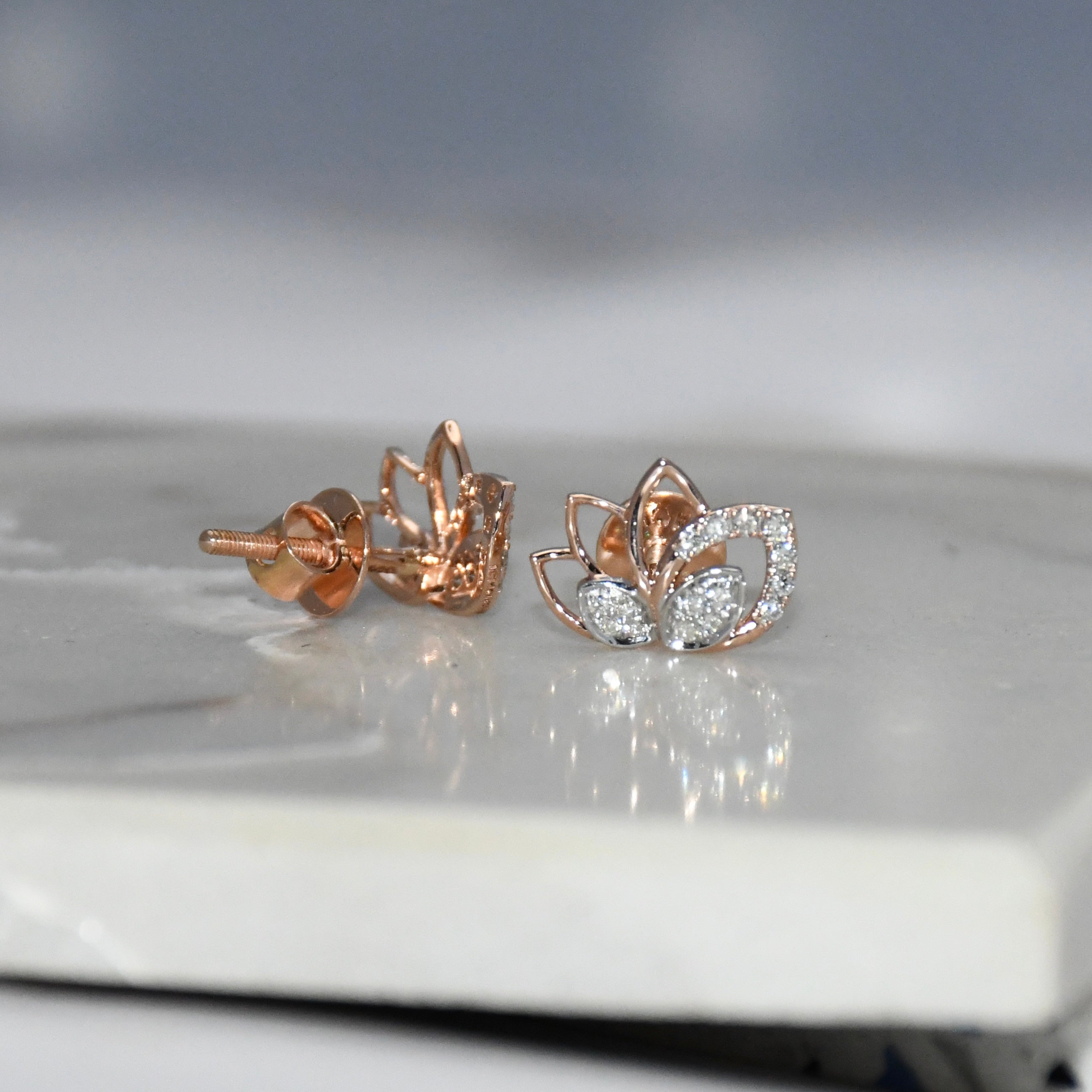 Solid Gold Lotus Diamond Stud Earrings | IGI Certified Floral Rose Gold Fine Jewelry
