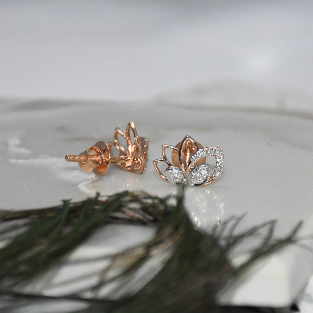 Solid Gold Lotus Diamond Stud Earrings | IGI Certified Floral Rose Gold Fine Jewelry