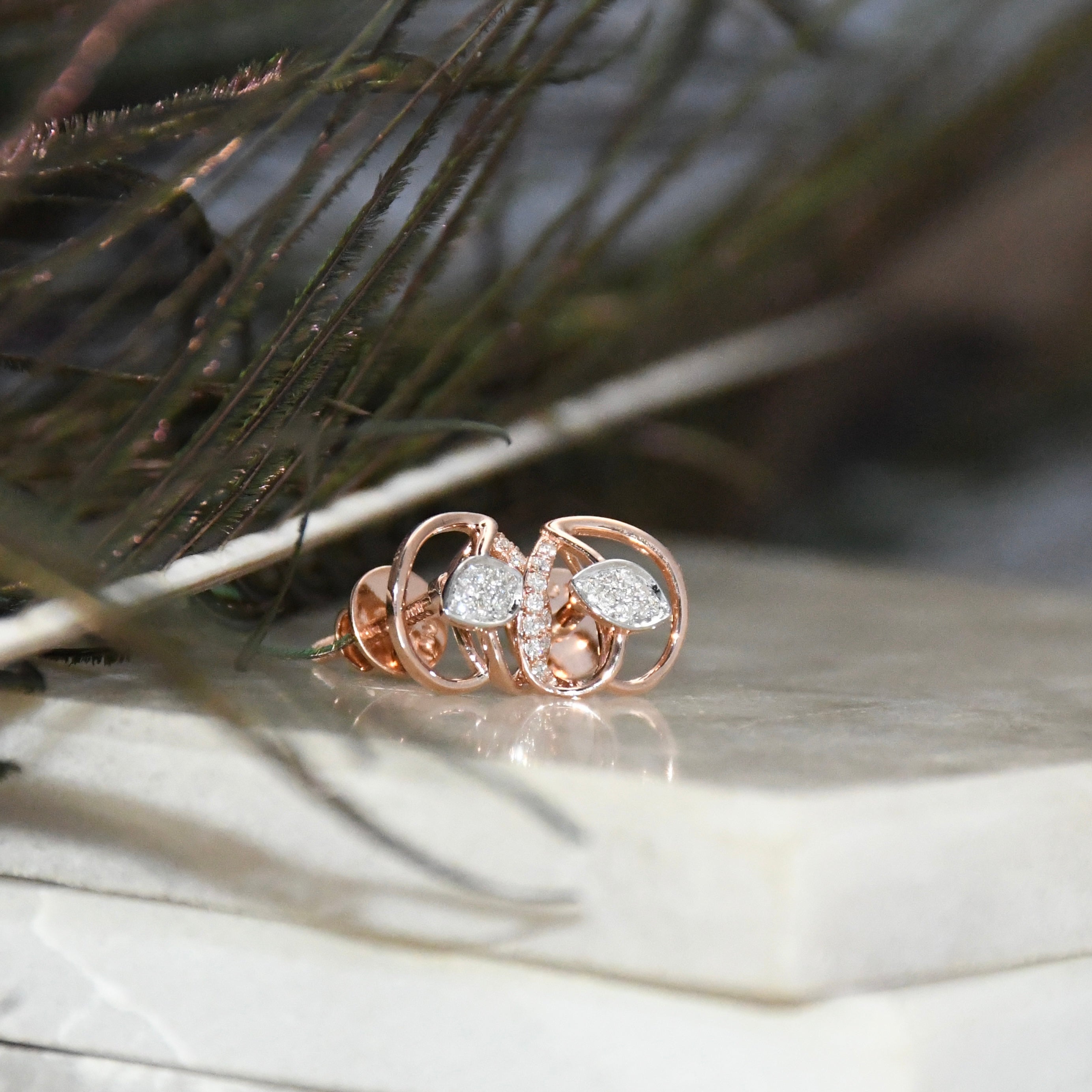 14K/18K Solid Gold Leaf Diamond Stud Earrings | IGI Certified Rose Gold Fine Jewelry