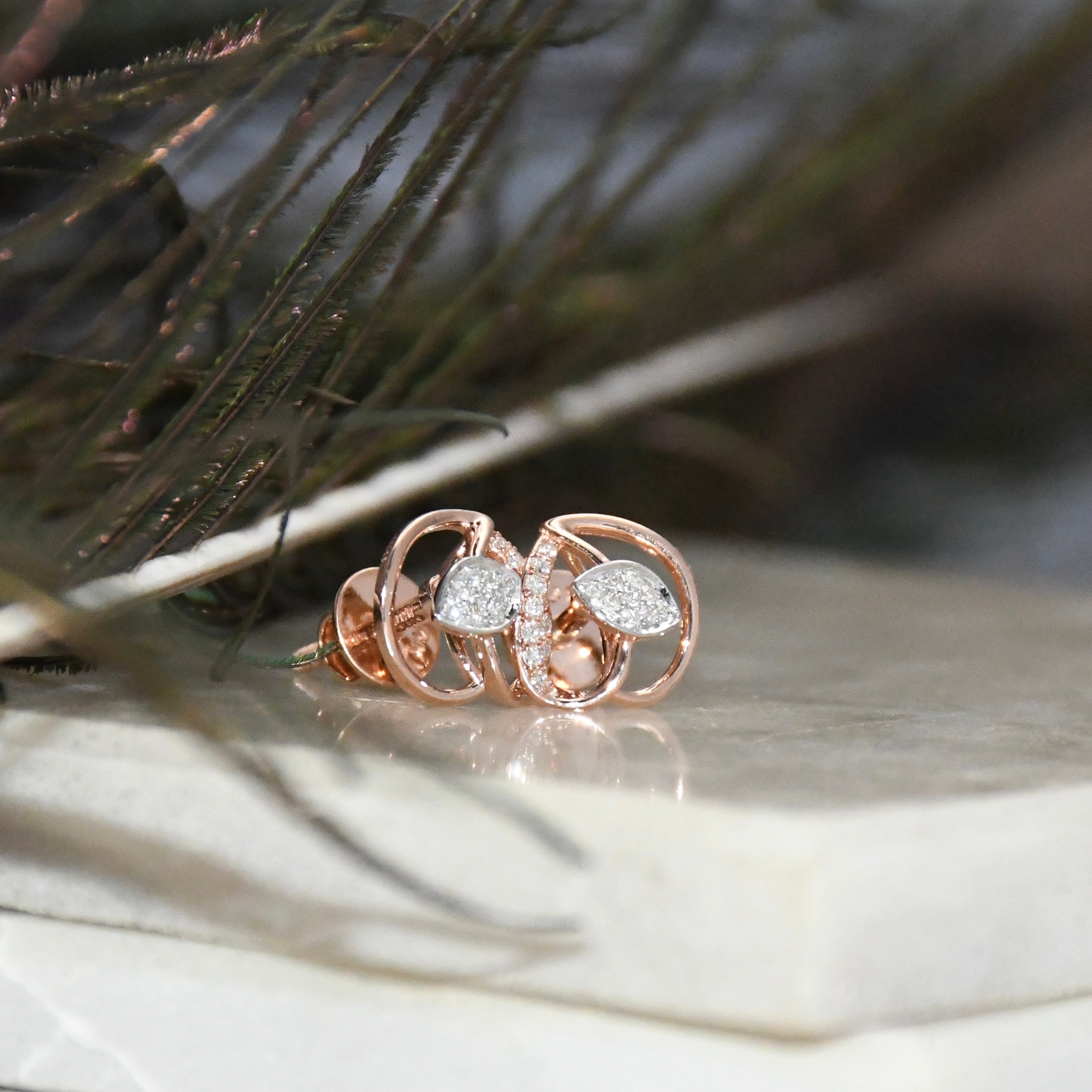 14K/18K Solid Gold Leaf Diamond Stud Earrings | IGI Certified Rose Gold Fine Jewelry