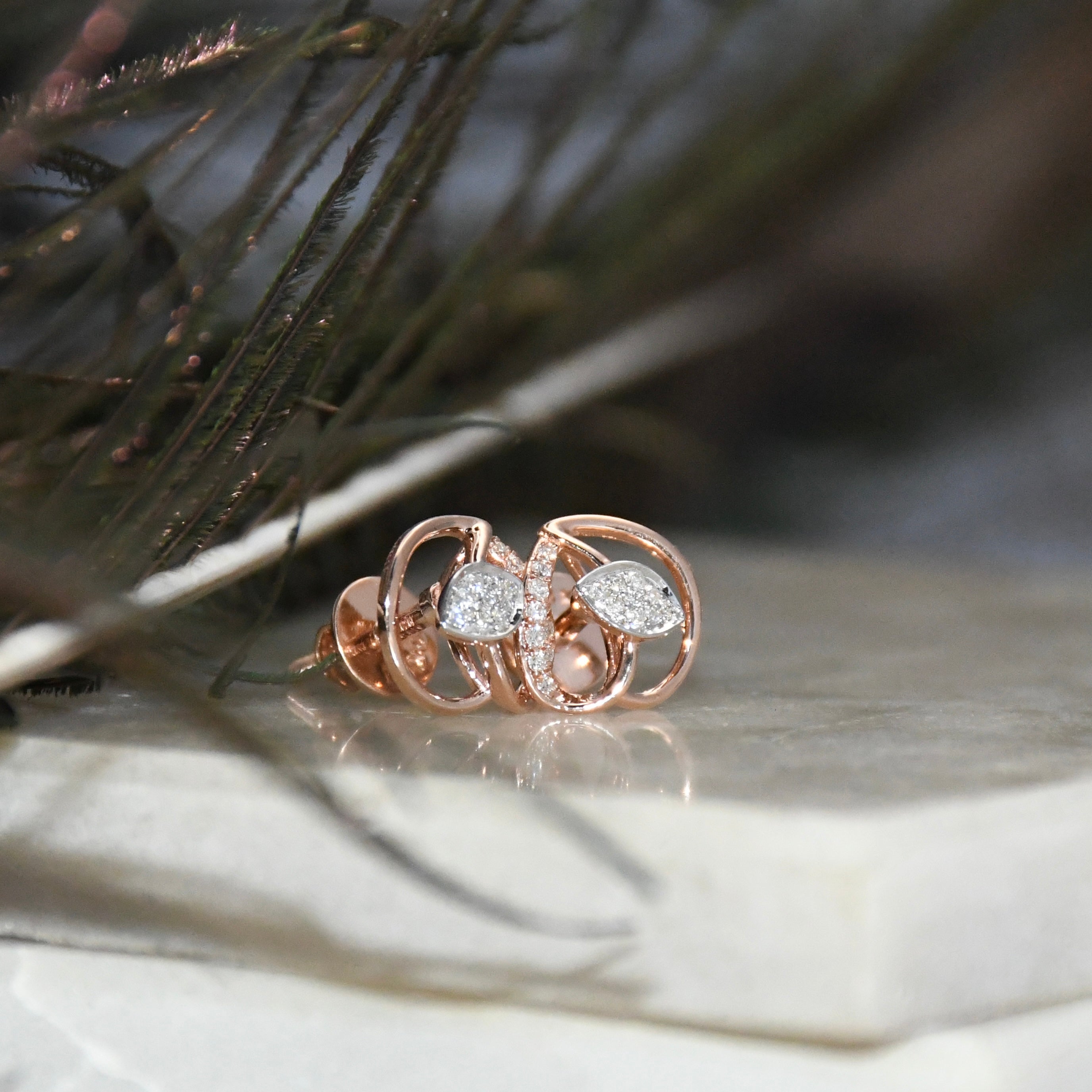 14K/18K Solid Gold Leaf Diamond Stud Earrings | IGI Certified Rose Gold Fine Jewelry