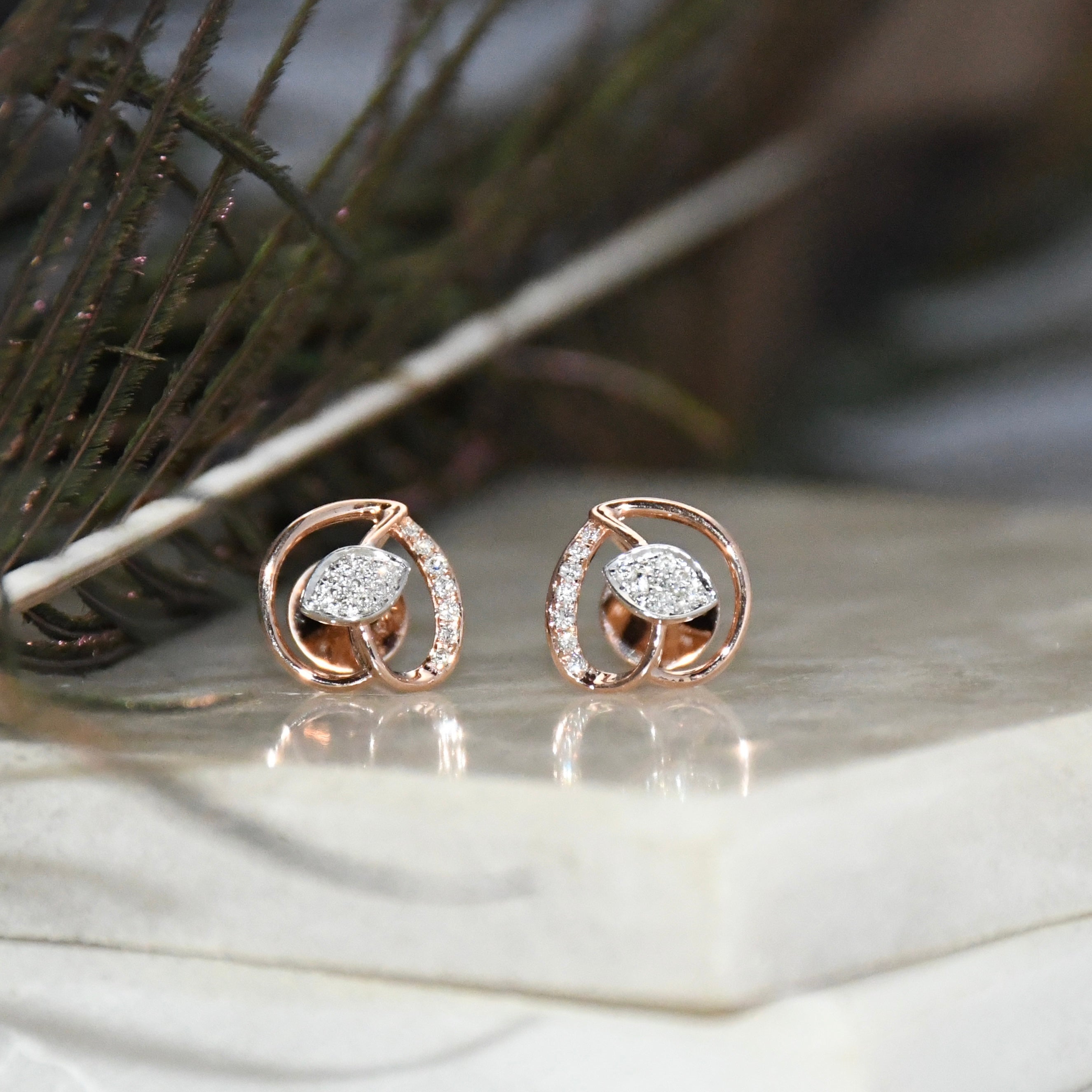 14K/18K Solid Gold Leaf Diamond Stud Earrings | IGI Certified Rose Gold Fine Jewelry