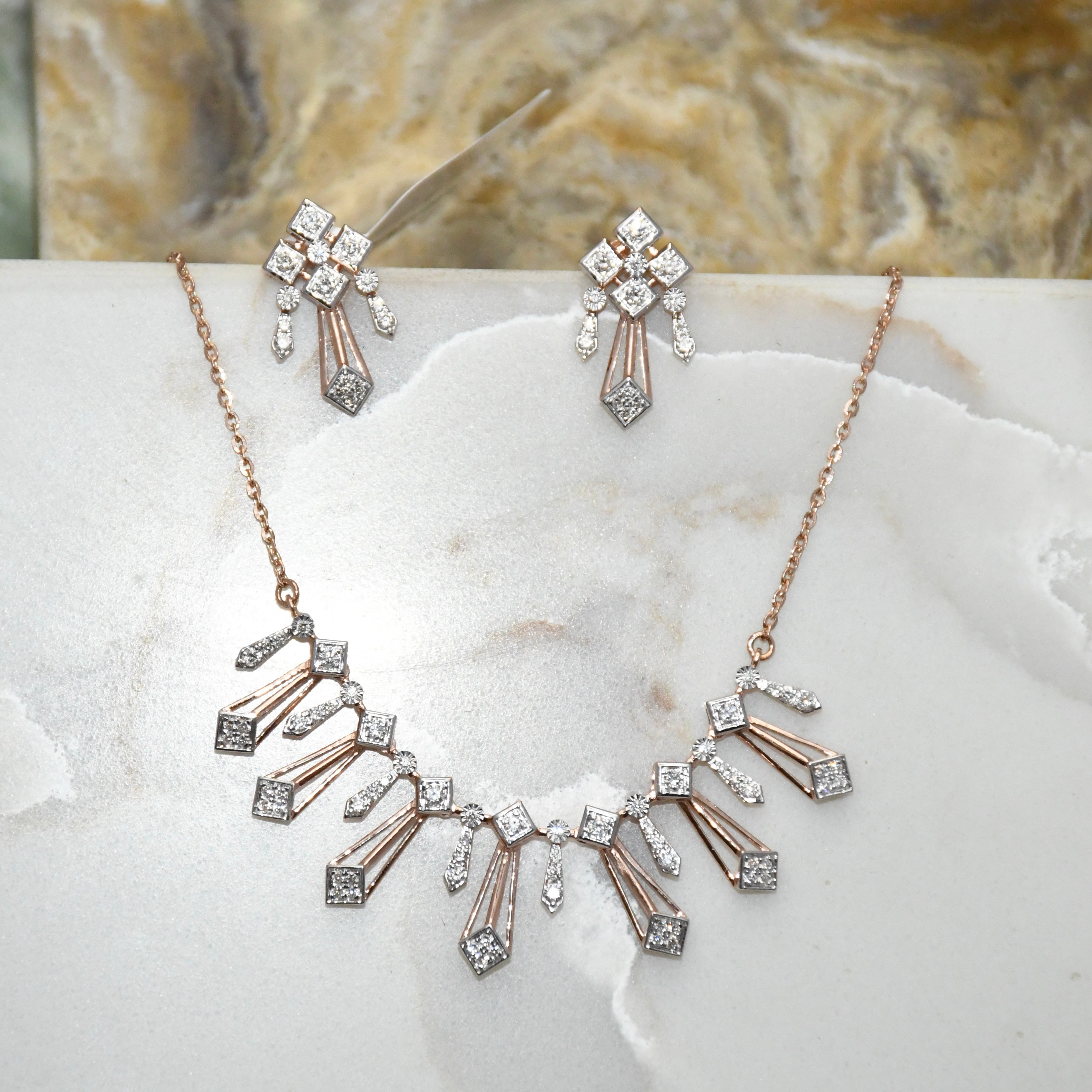 14K Gold Diamond Bridal Jewelry Set: Necklace & Earrings