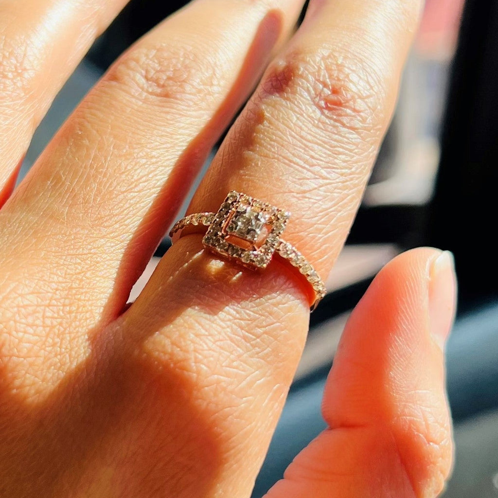 Solid Gold Square Halo Diamond Engagement Ring, Rose Gold Promise Bridal Jewelry