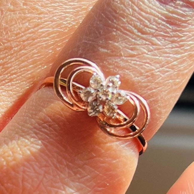Solid Gold Diamond Flower Ring, Double Loop Infinity Design, Engagement Promise Ring