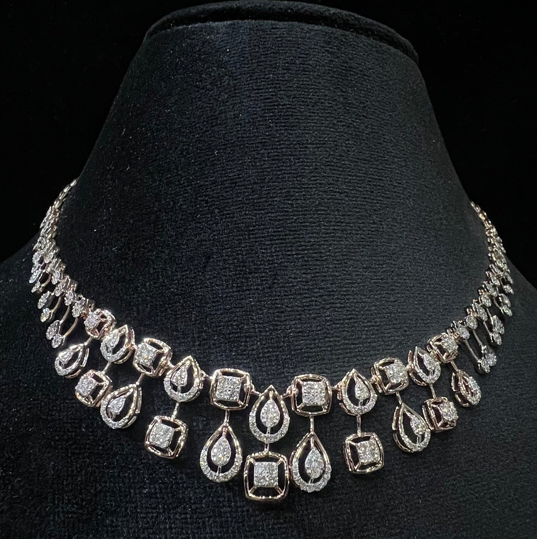Solid Gold Diamond Bridal Jewelry Set, Pear Princess design Wedding Necklace Earrings