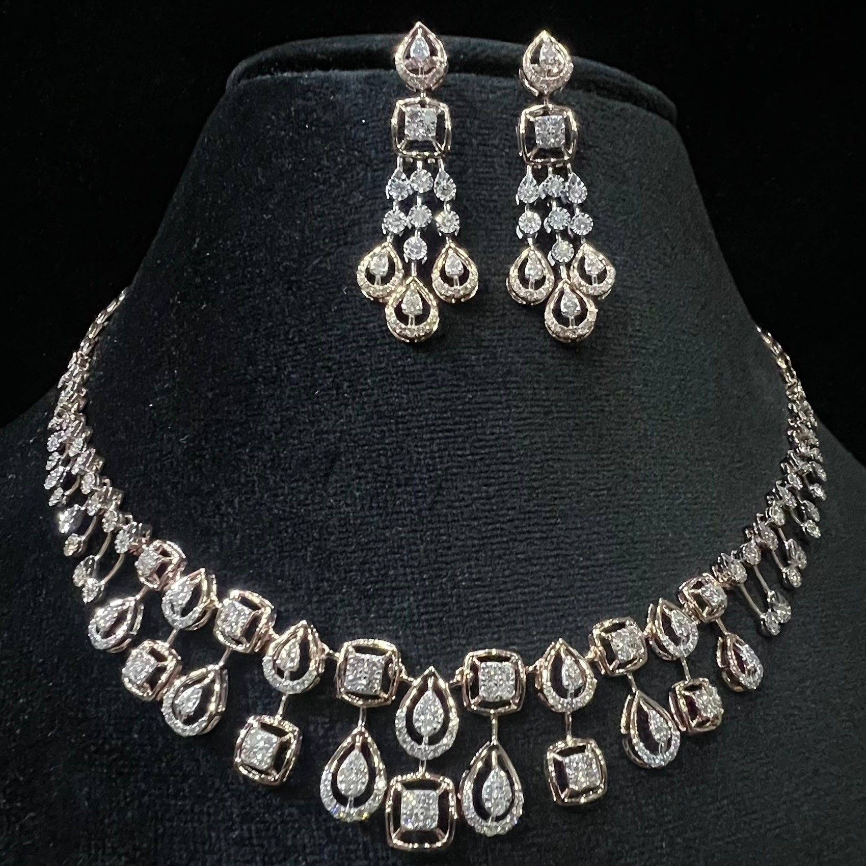 Solid Gold Diamond Bridal Jewelry Set, Pear Princess design Wedding Necklace Earrings
