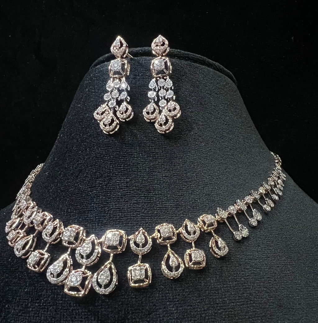 Solid Gold Diamond Bridal Jewelry Set, Pear Princess design Wedding Necklace Earrings