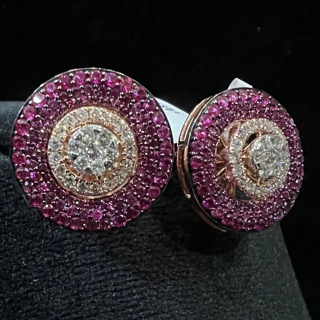 Solid Gold Diamond Pink Sapphire Halo Stud Earrings, Round Cluster Luxury Bridal Jewelry