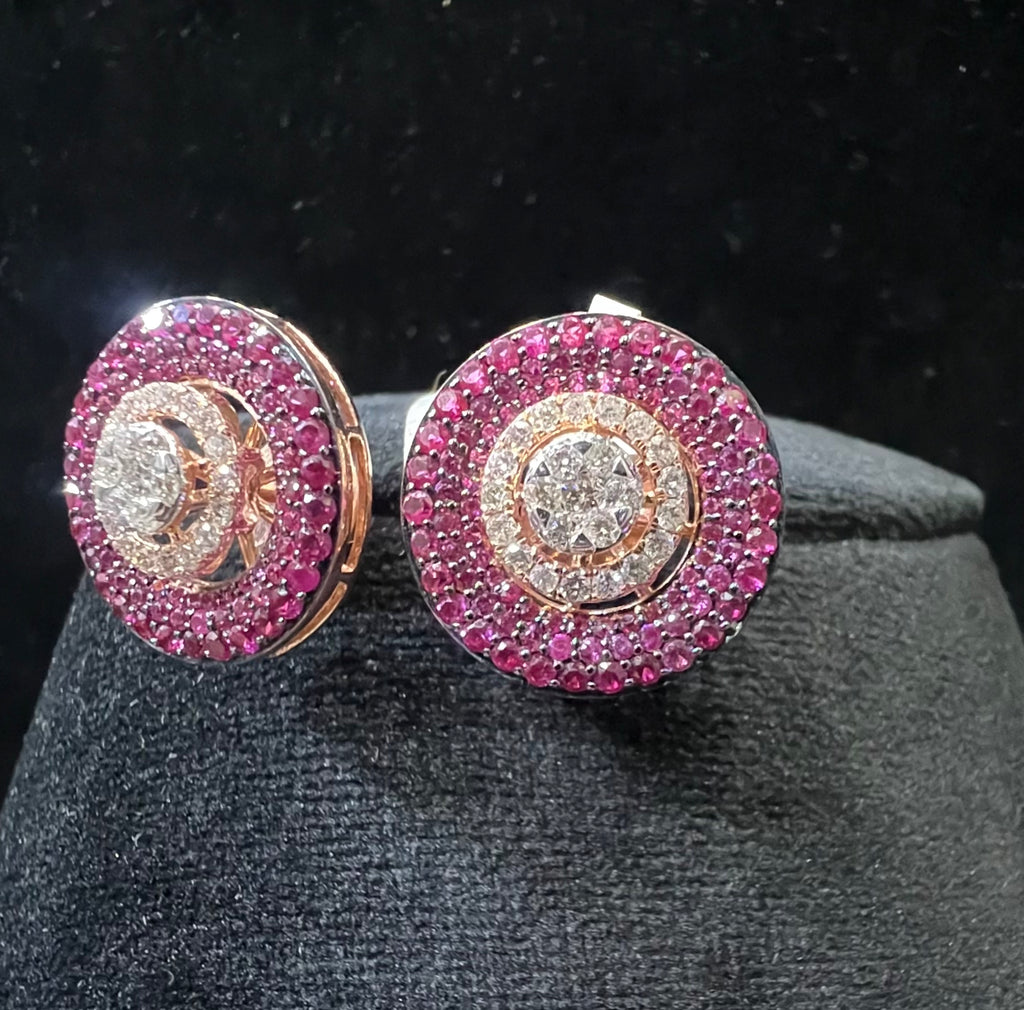 Solid Gold Diamond Pink Sapphire Halo Stud Earrings, Round Cluster Luxury Bridal Jewelry