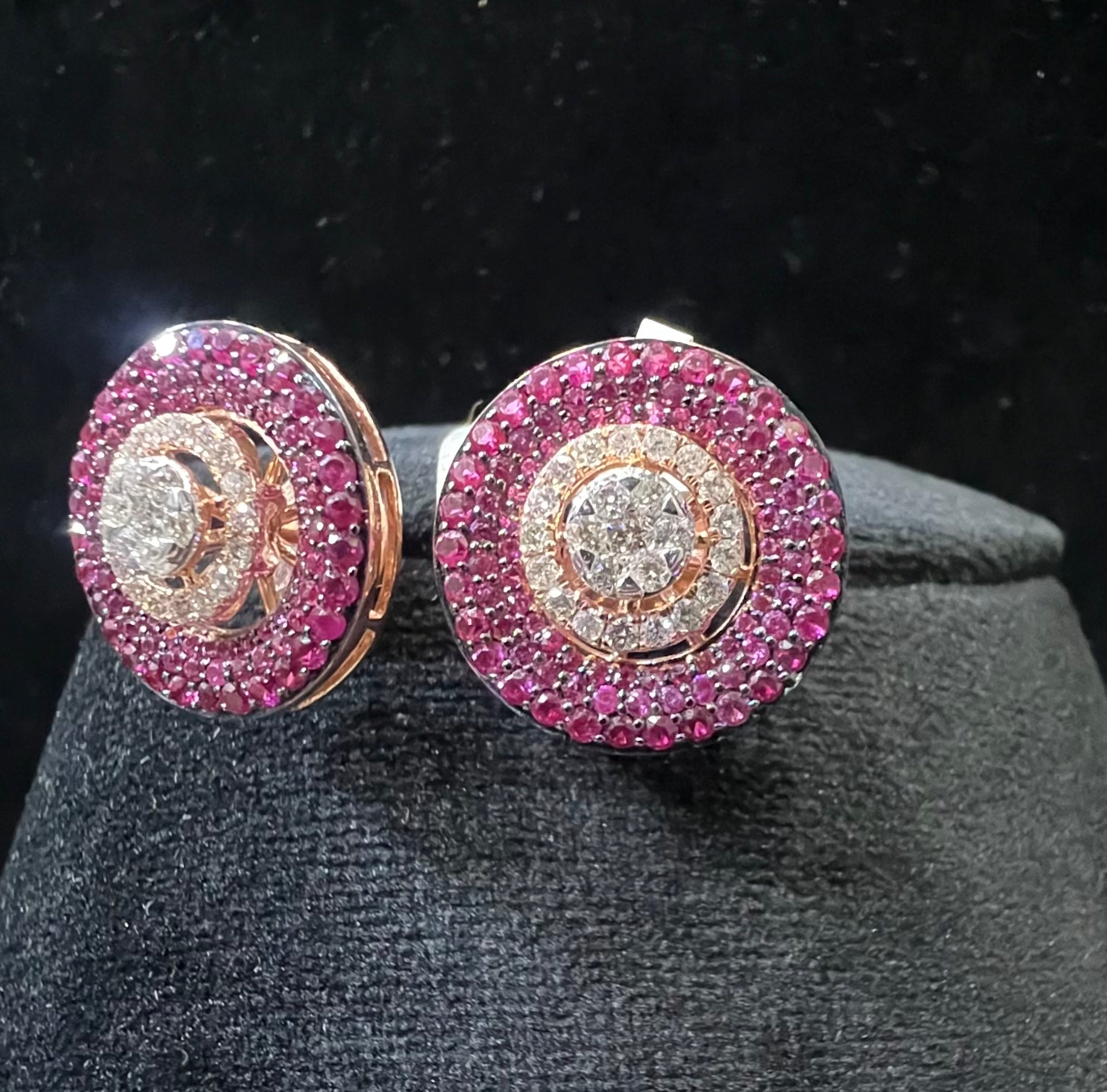 Solid Gold Diamond Pink Sapphire Halo Stud Earrings, Round Cluster Luxury Bridal Jewelry