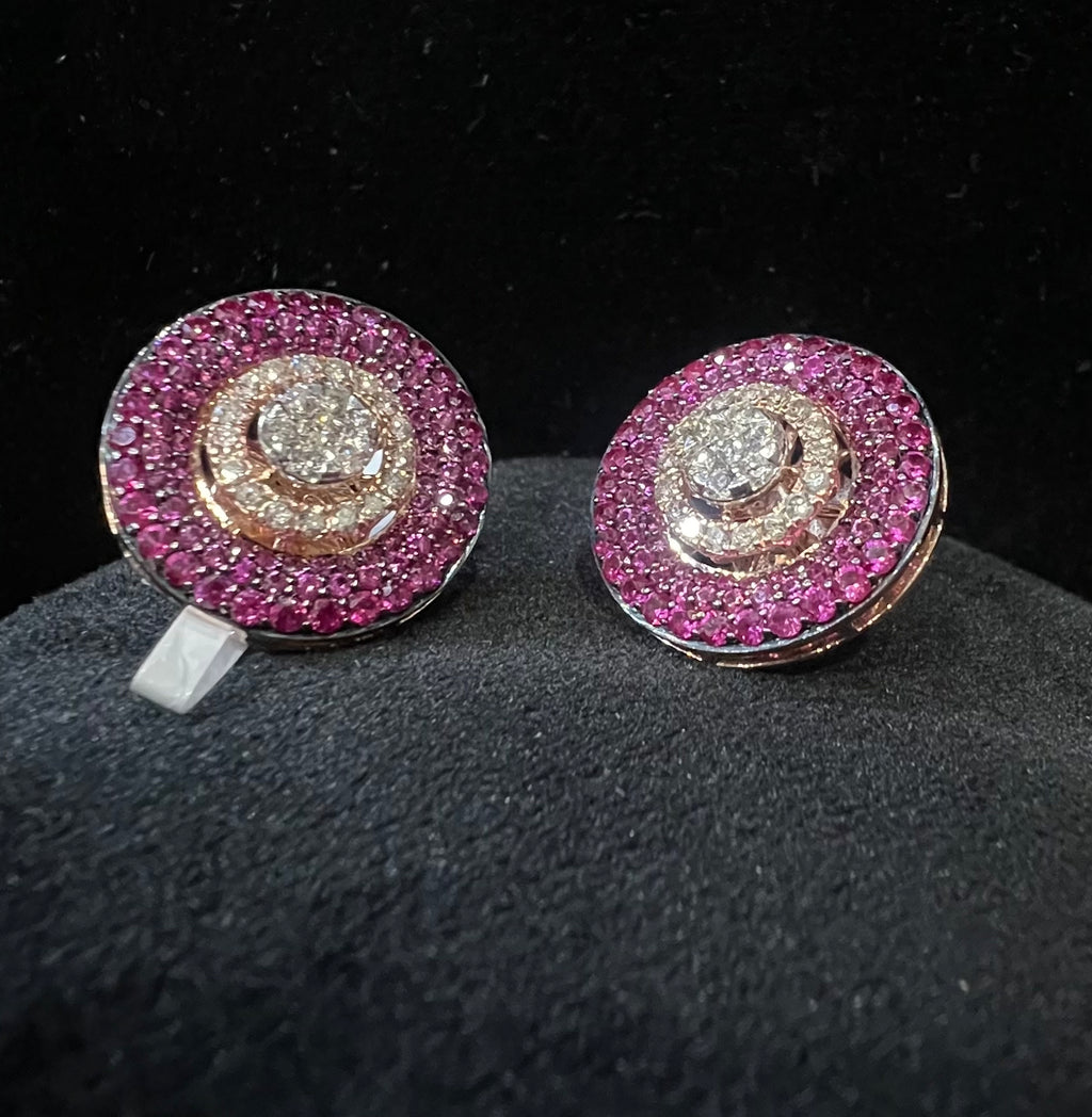 Solid Gold Diamond Pink Sapphire Halo Stud Earrings, Round Cluster Luxury Bridal Jewelry