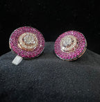 Solid Gold Diamond Pink Sapphire Halo Stud Earrings, Round Cluster Luxury Bridal Jewelry
