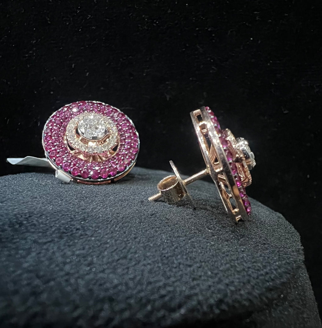 Solid Gold Diamond Pink Sapphire Halo Stud Earrings, Round Cluster Luxury Bridal Jewelry