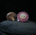 Solid Gold Diamond Pink Sapphire Halo Stud Earrings, Round Cluster Luxury Bridal Jewelry