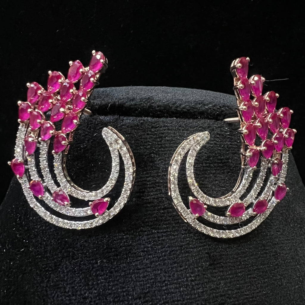 Solid Gold Floral Diamond Pink Sapphire Stud Earrings, Curved Halo Bridal Statement