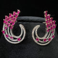 Solid Gold Floral Diamond Pink Sapphire Stud Earrings, Curved Halo Bridal Statement