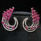 Solid Gold Floral Diamond Pink Sapphire Stud Earrings, Curved Halo Bridal Statement