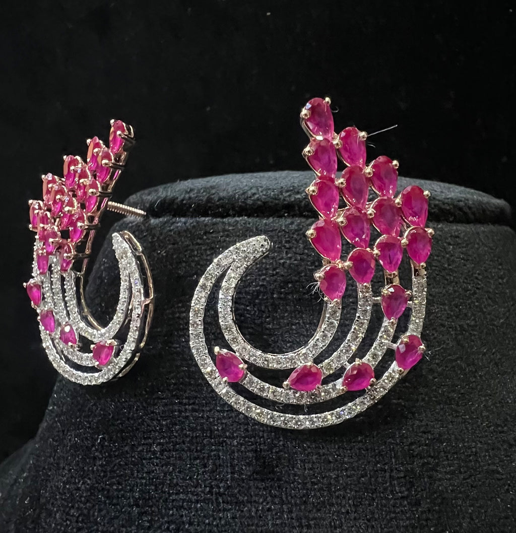 Solid Gold Floral Diamond Pink Sapphire Stud Earrings, Curved Halo Bridal Statement