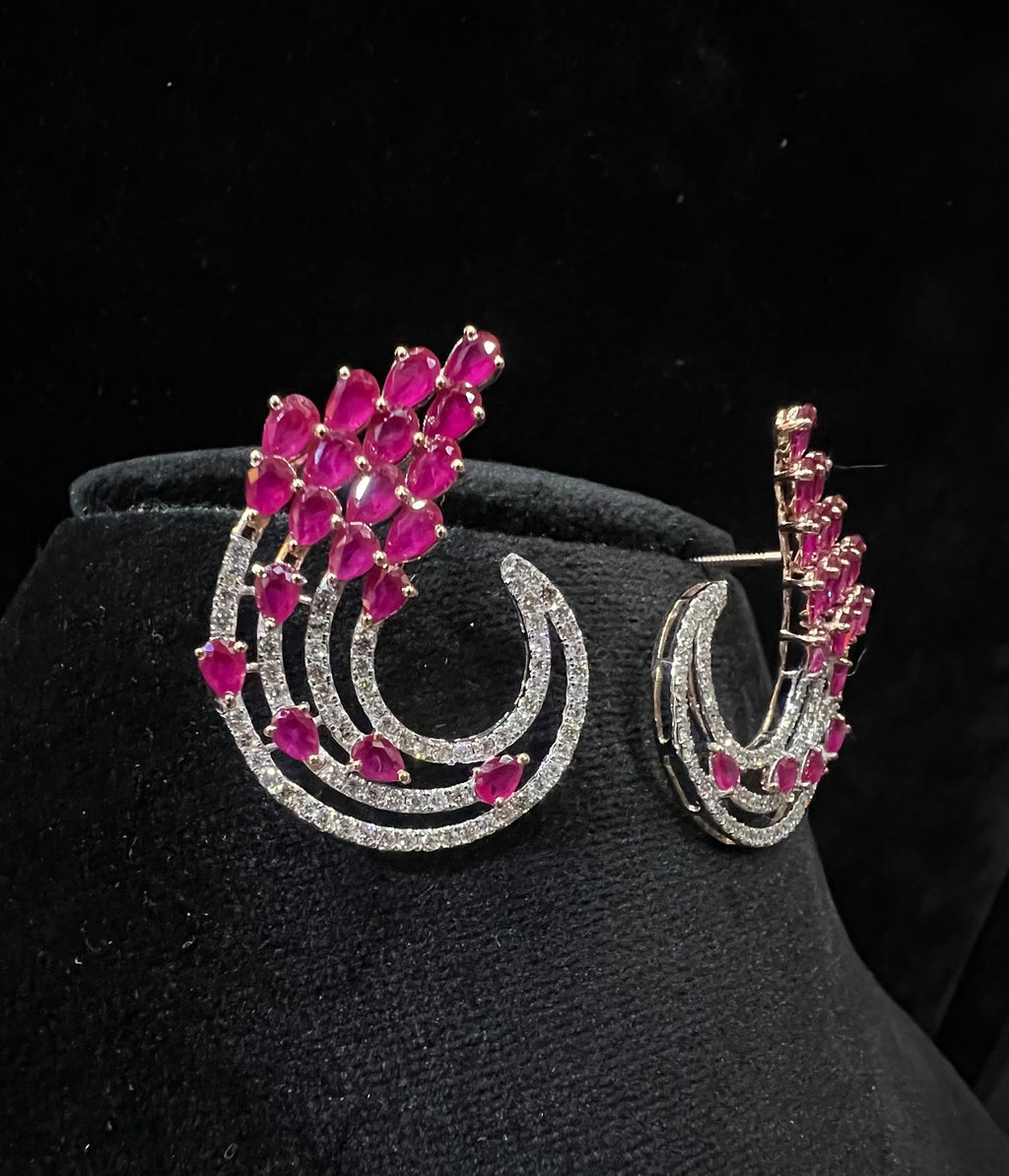 Solid Gold Floral Diamond Pink Sapphire Stud Earrings, Curved Halo Bridal Statement