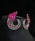 Solid Gold Floral Diamond Pink Sapphire Stud Earrings, Curved Halo Bridal Statement