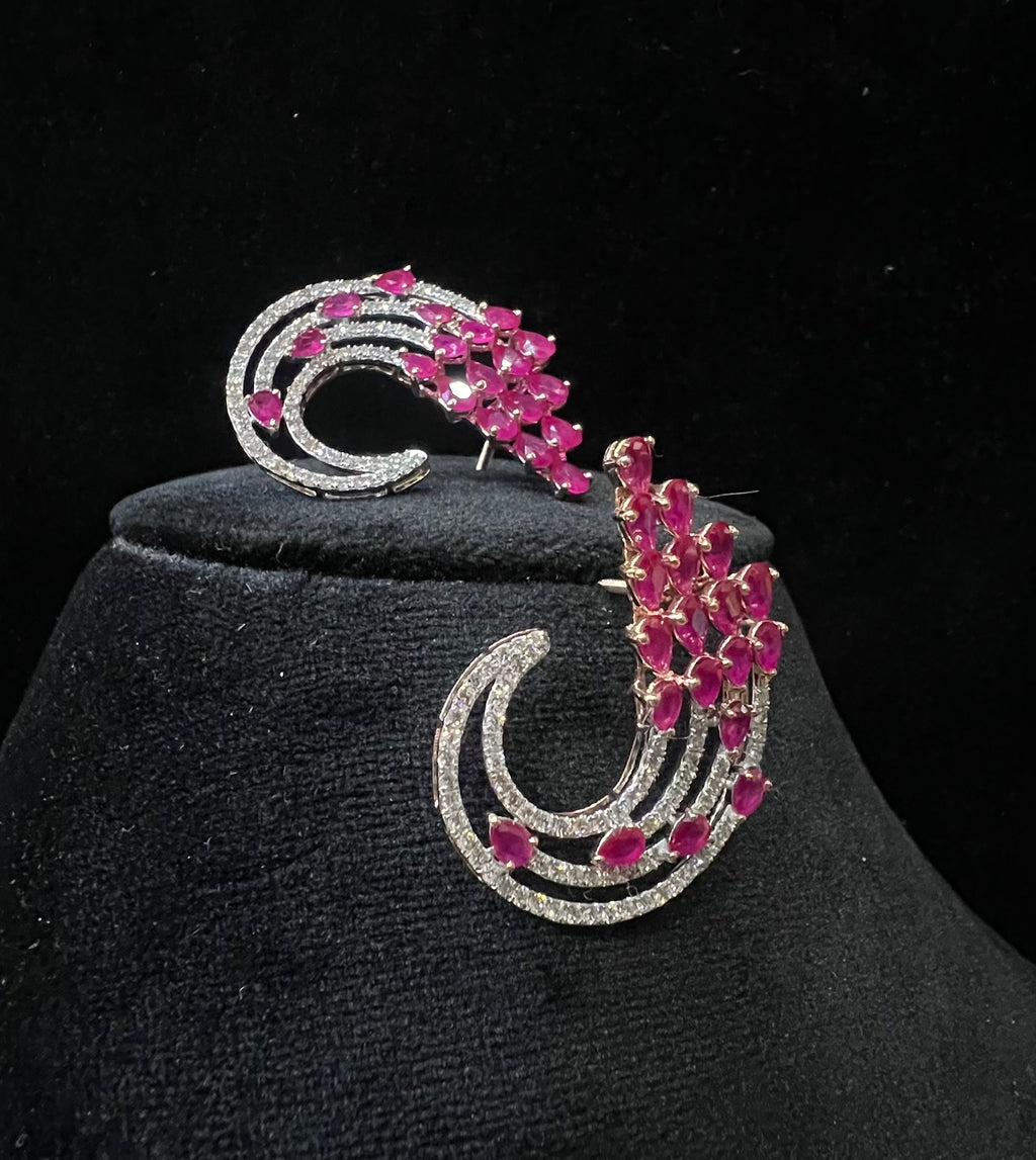 Solid Gold Floral Diamond Pink Sapphire Stud Earrings, Curved Halo Bridal Statement