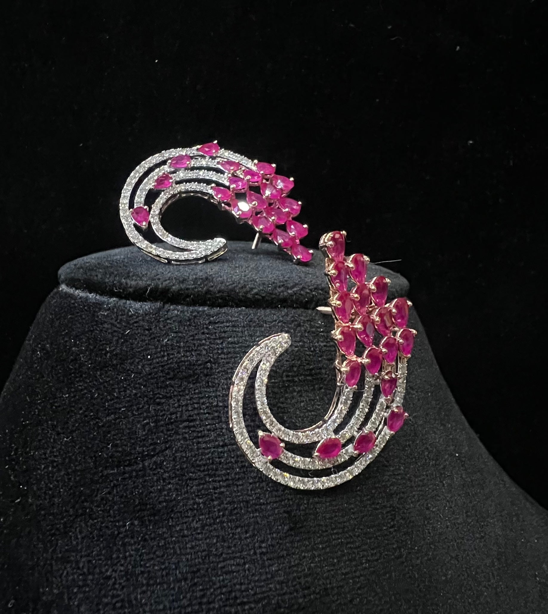 Solid Gold Floral Diamond Pink Sapphire Stud Earrings, Curved Halo Bridal Statement