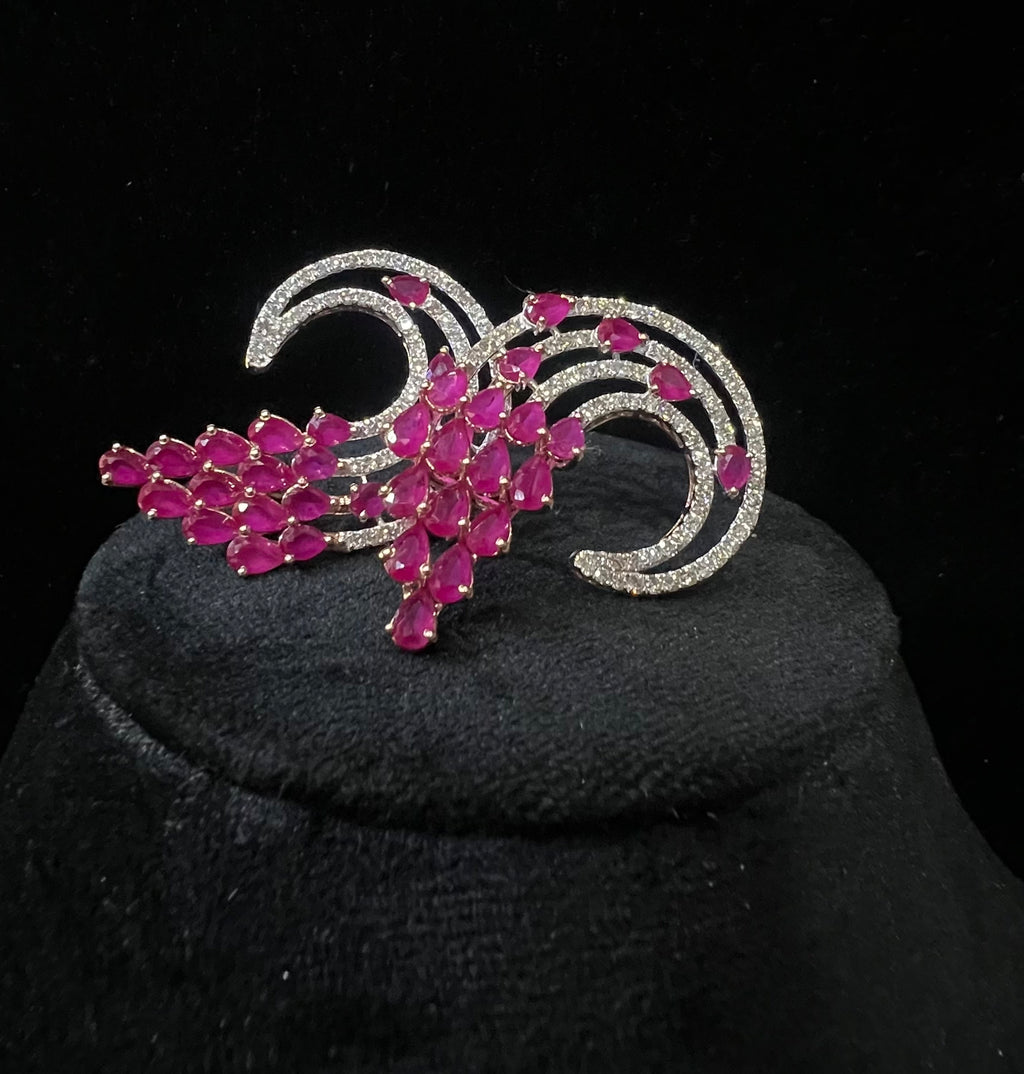 Solid Gold Floral Diamond Pink Sapphire Stud Earrings, Curved Halo Bridal Statement