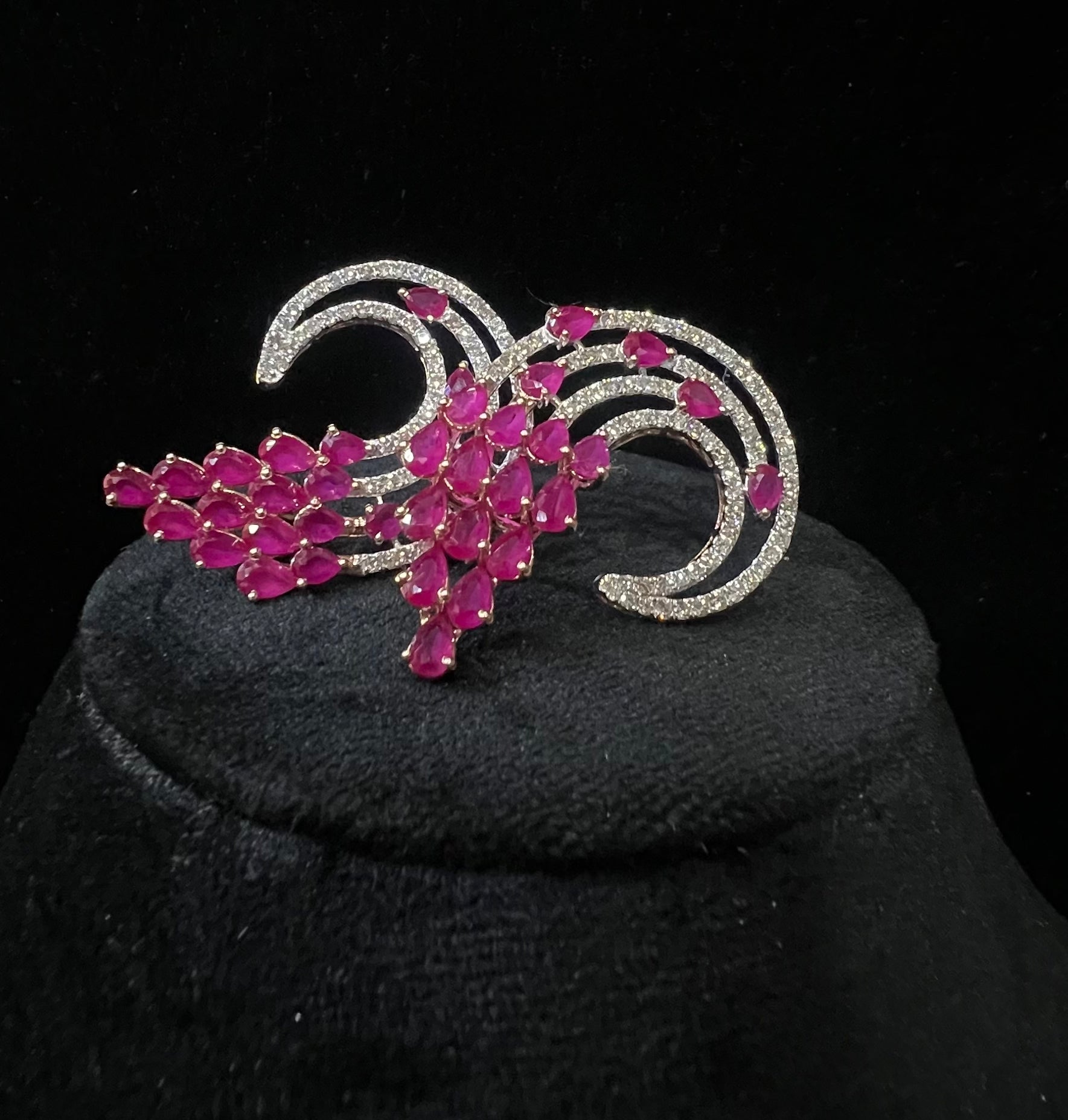 Solid Gold Floral Diamond Pink Sapphire Stud Earrings, Curved Halo Bridal Statement