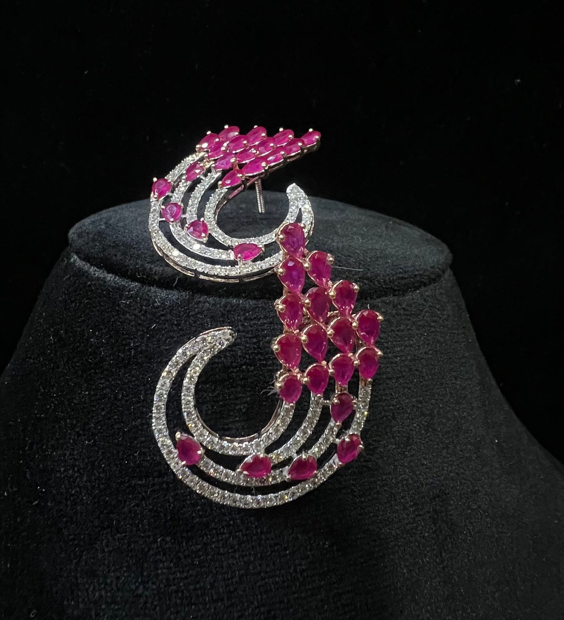 Solid Gold Floral Diamond Pink Sapphire Stud Earrings, Curved Halo Bridal Statement