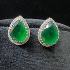Solid Gold Pear Shape Emerald Stud Earrings, Diamond Halo Bridal Gift