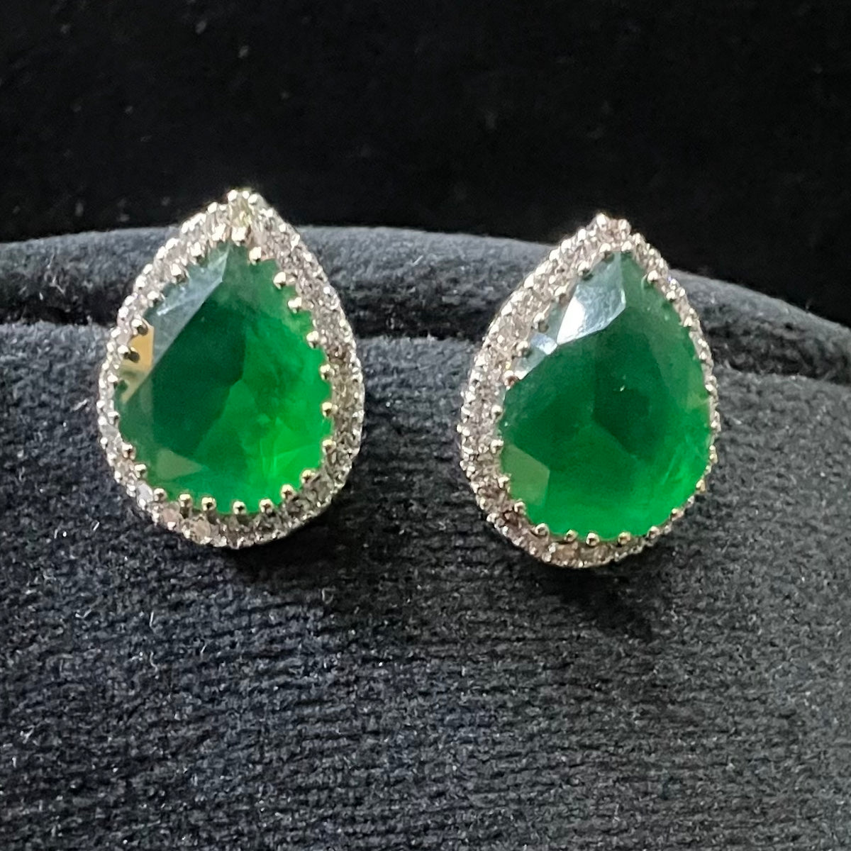 Solid Gold Pear Shape Emerald Stud Earrings, Diamond Halo Bridal Gift