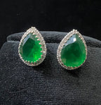 Solid Gold Pear Shape Emerald Stud Earrings, Diamond Halo Bridal Gift