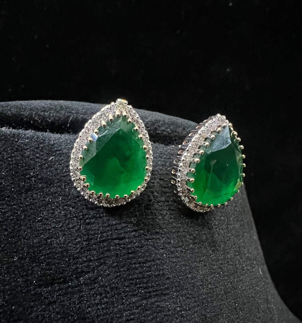 Solid Gold Pear Shape Emerald Stud Earrings, Diamond Halo Bridal Gift