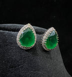 Solid Gold Pear Shape Emerald Stud Earrings, Diamond Halo Bridal Gift