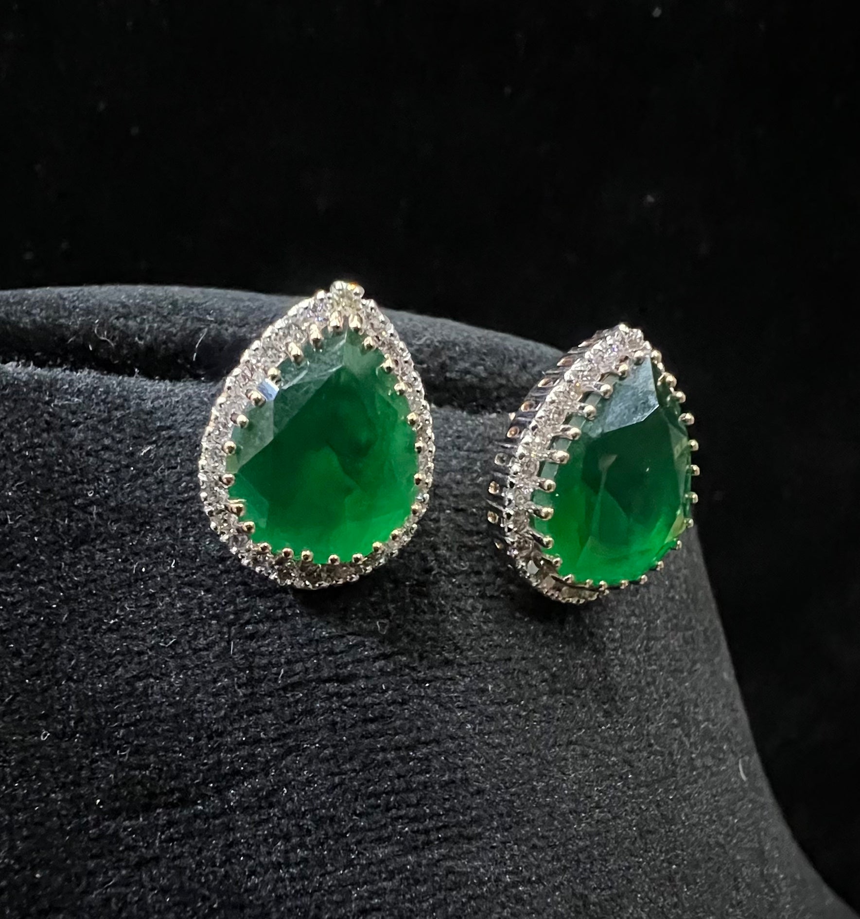 Solid Gold Pear Shape Emerald Stud Earrings, Diamond Halo Bridal Gift