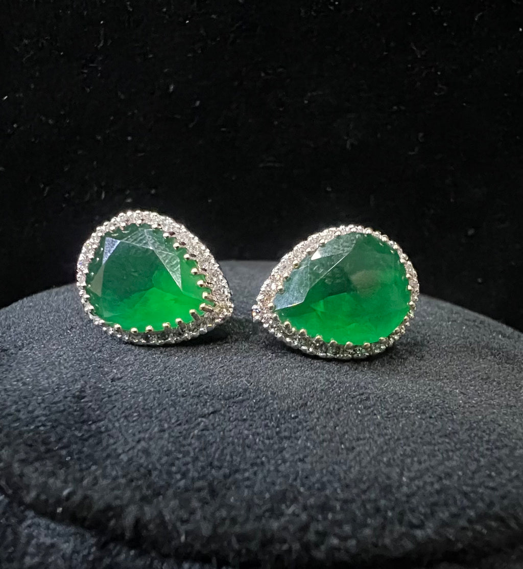 Solid Gold Pear Shape Emerald Stud Earrings, Diamond Halo Bridal Gift