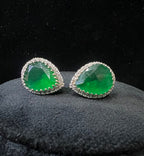 Solid Gold Pear Shape Emerald Stud Earrings, Diamond Halo Bridal Gift