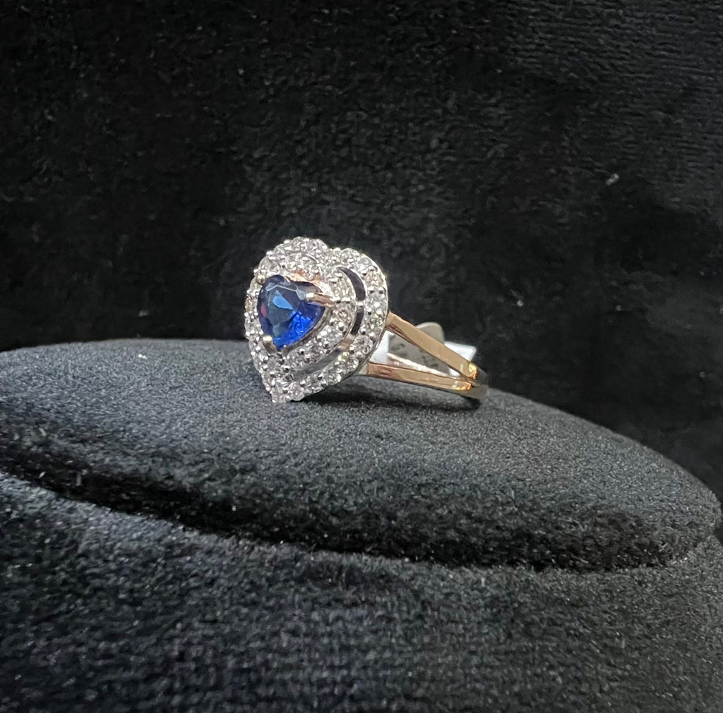 Heart Shape Blue Sapphire Ring with Natural Diamond Halo, 14K Solid Gold Engagement Ring