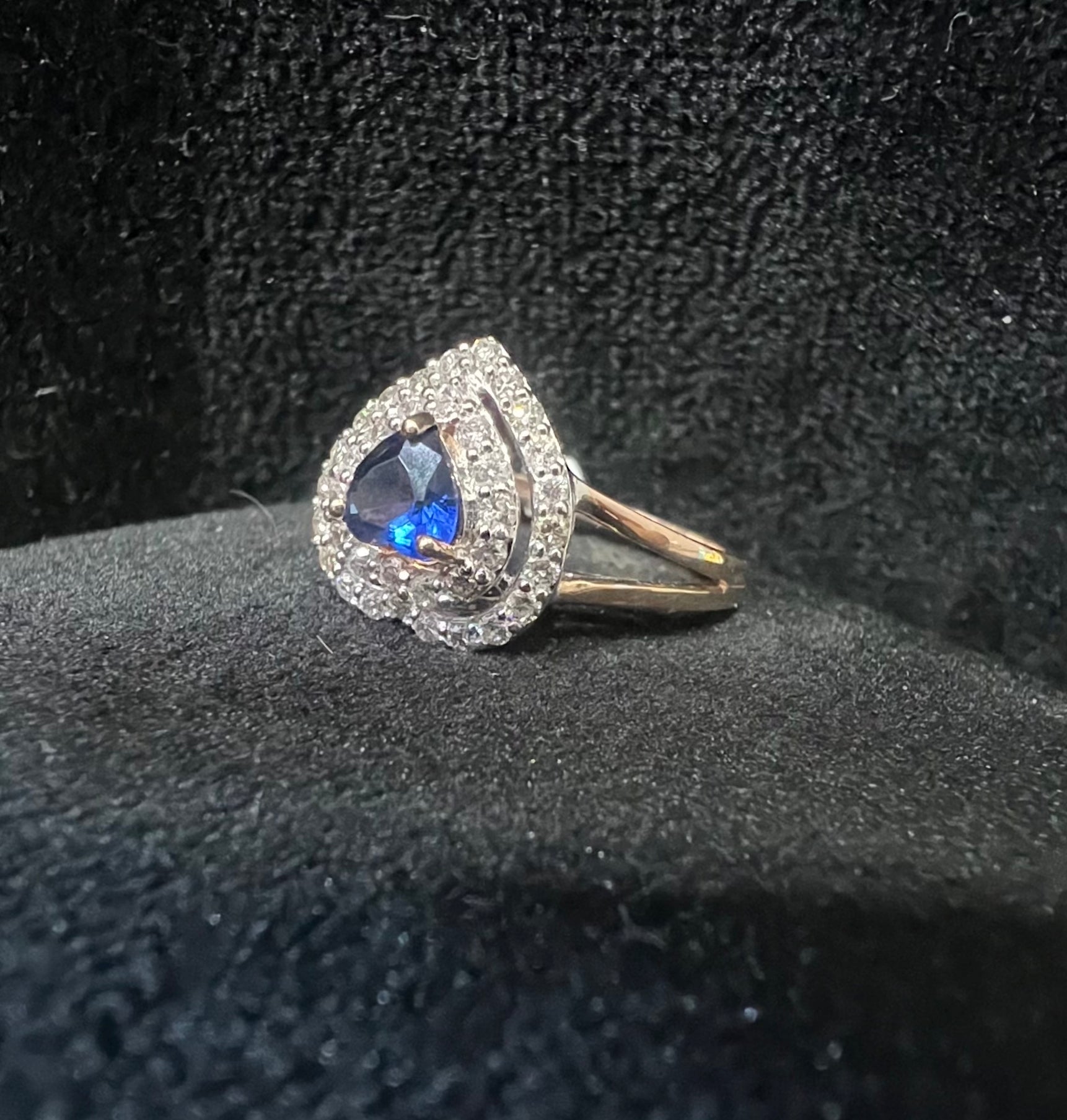 Heart Shape Blue Sapphire Ring with Natural Diamond Halo, 14K Solid Gold Engagement Ring