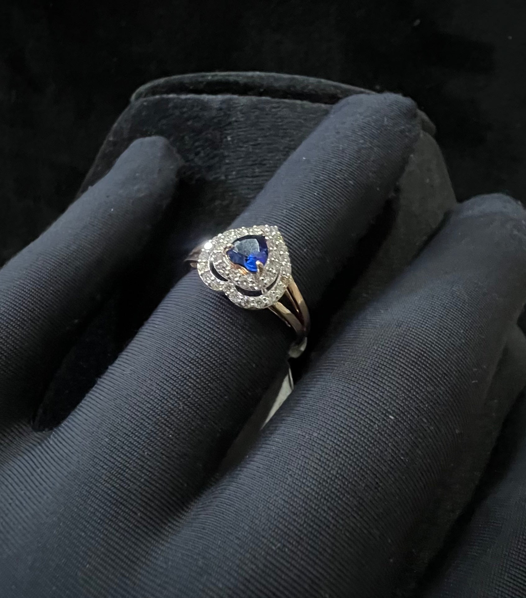 Heart Shape Blue Sapphire Ring with Natural Diamond Halo, 14K Solid Gold Engagement Ring