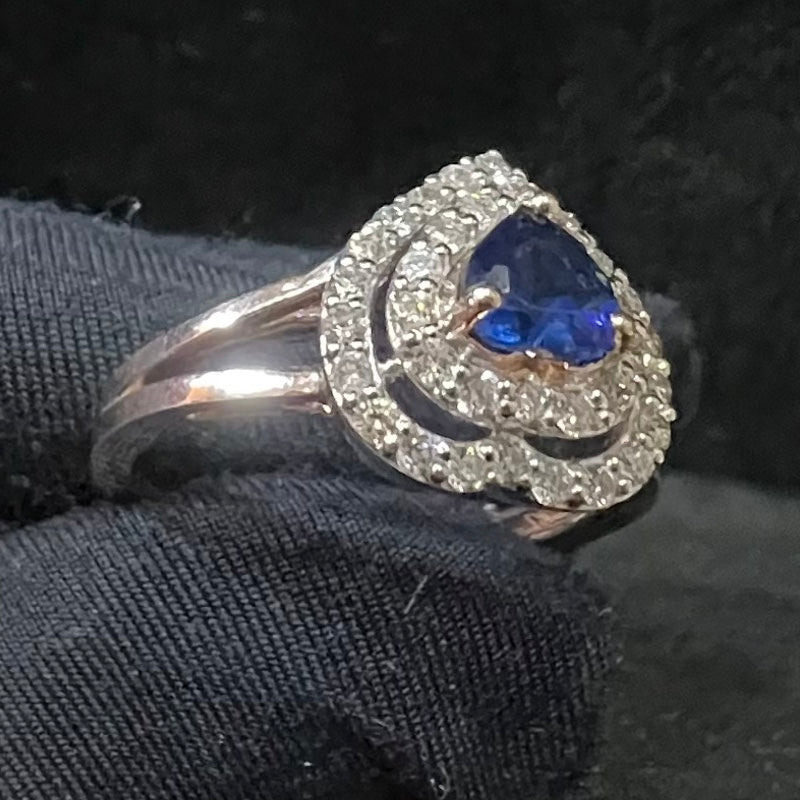 Heart Shape Blue Sapphire Ring with Natural Diamond Halo, 14K Solid Gold Engagement Ring