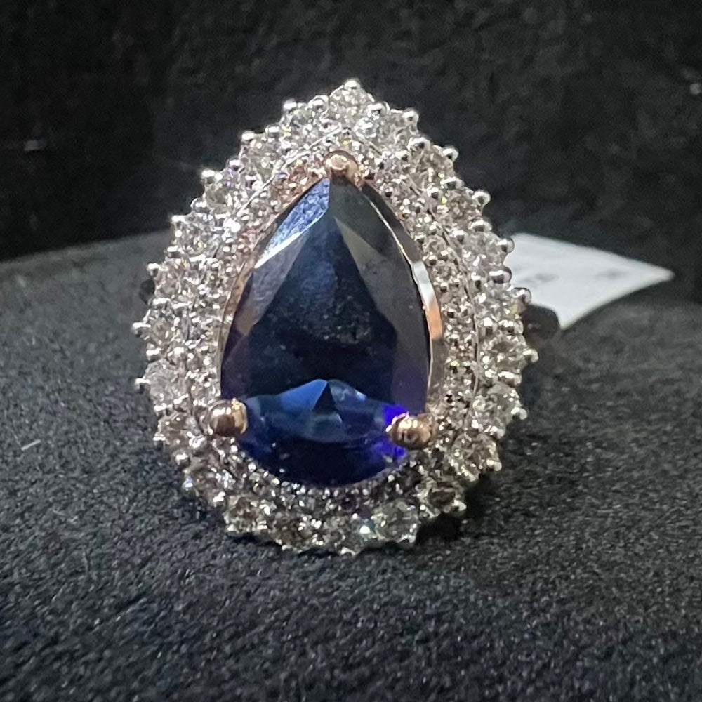 Pear Shape Blue Sapphire Ring, Natural Diamond Halo, 14K 18K Solid Gold Teardrop Ring