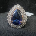 Pear Shape Blue Sapphire Ring, Natural Diamond Halo, 14K 18K Solid Gold Teardrop Ring