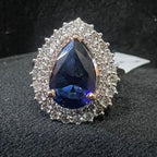 Pear Shape Blue Sapphire Ring, Natural Diamond Halo, 14K 18K Solid Gold Teardrop Ring