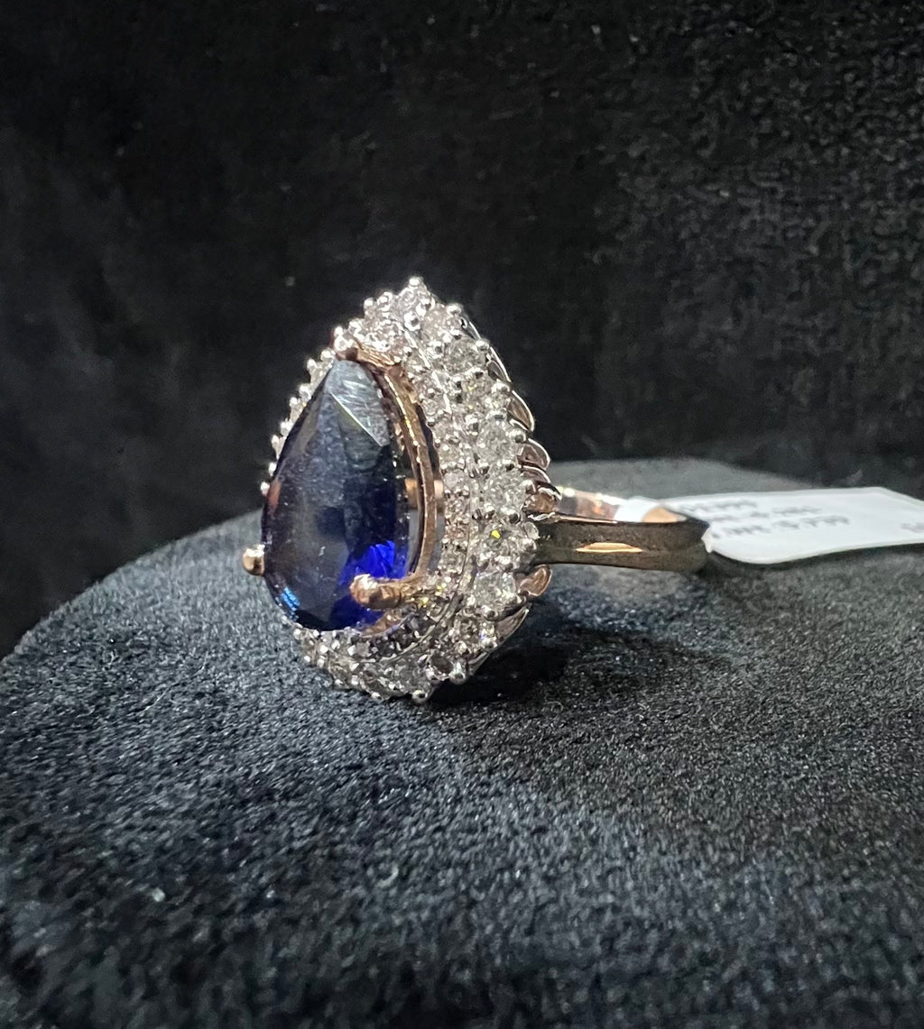 Pear Shape Blue Sapphire Ring, Natural Diamond Halo, 14K 18K Solid Gold Teardrop Ring