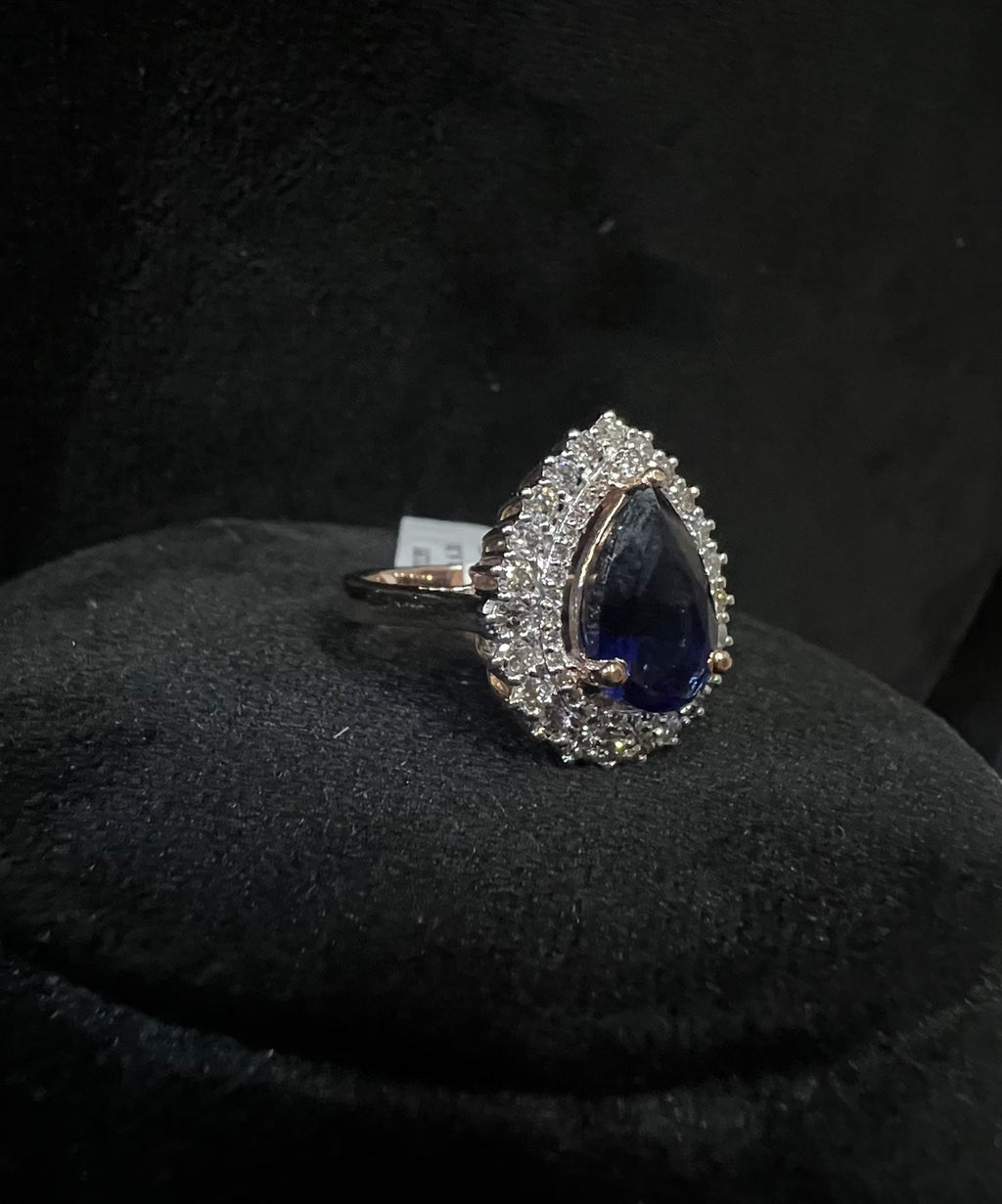 Pear Shape Blue Sapphire Ring, Natural Diamond Halo, 14K 18K Solid Gold Teardrop Ring